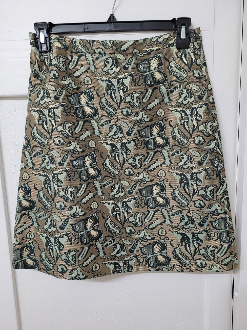 MaxMara Weekend Metallic Gold and Teal Floral Jacquard A-Line Skirt Sz 10
